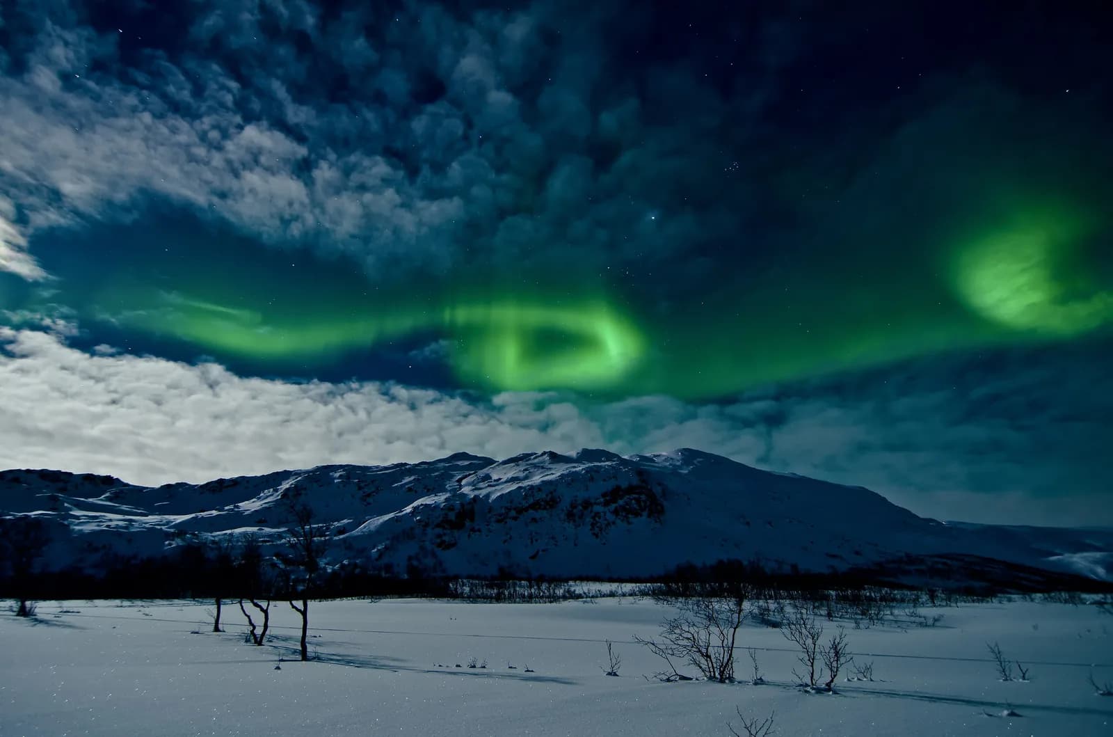 Aurore boréale verte au-dessus d’un paysage de neige et de montagnes dans la région de Tromsø