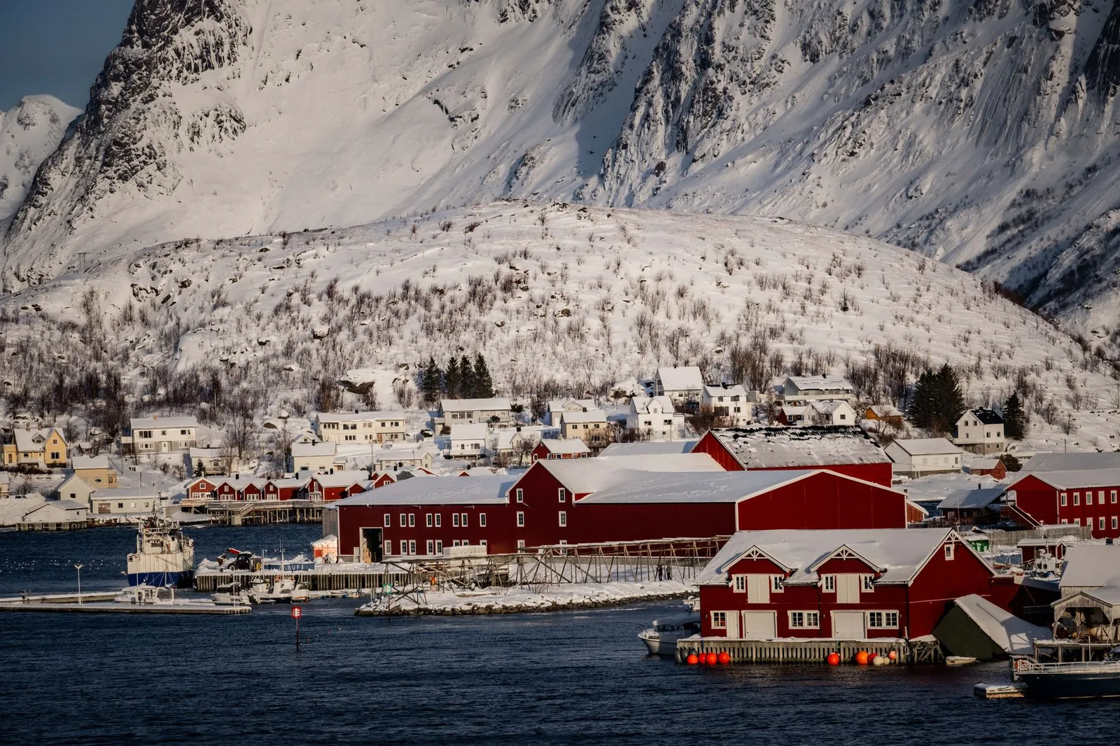 Le village de Reine sous la neige, aux îles Lofoten : maisons rouges au bord de l'eau et montagnes enneigées