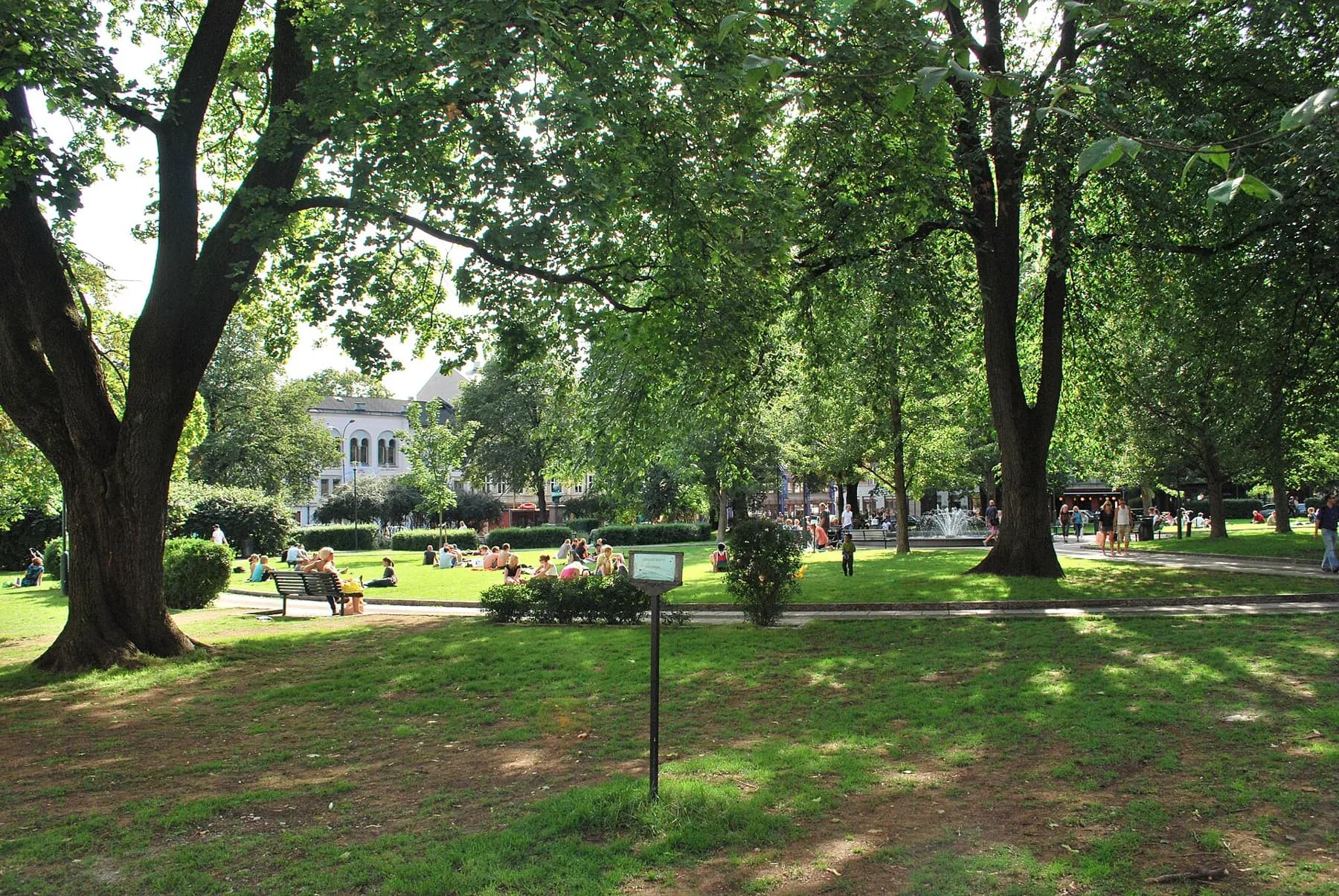 Olaf Ryes plass à Grünerløkka, place arborée d’Oslo avec des habitants assis sur la pelouse en été