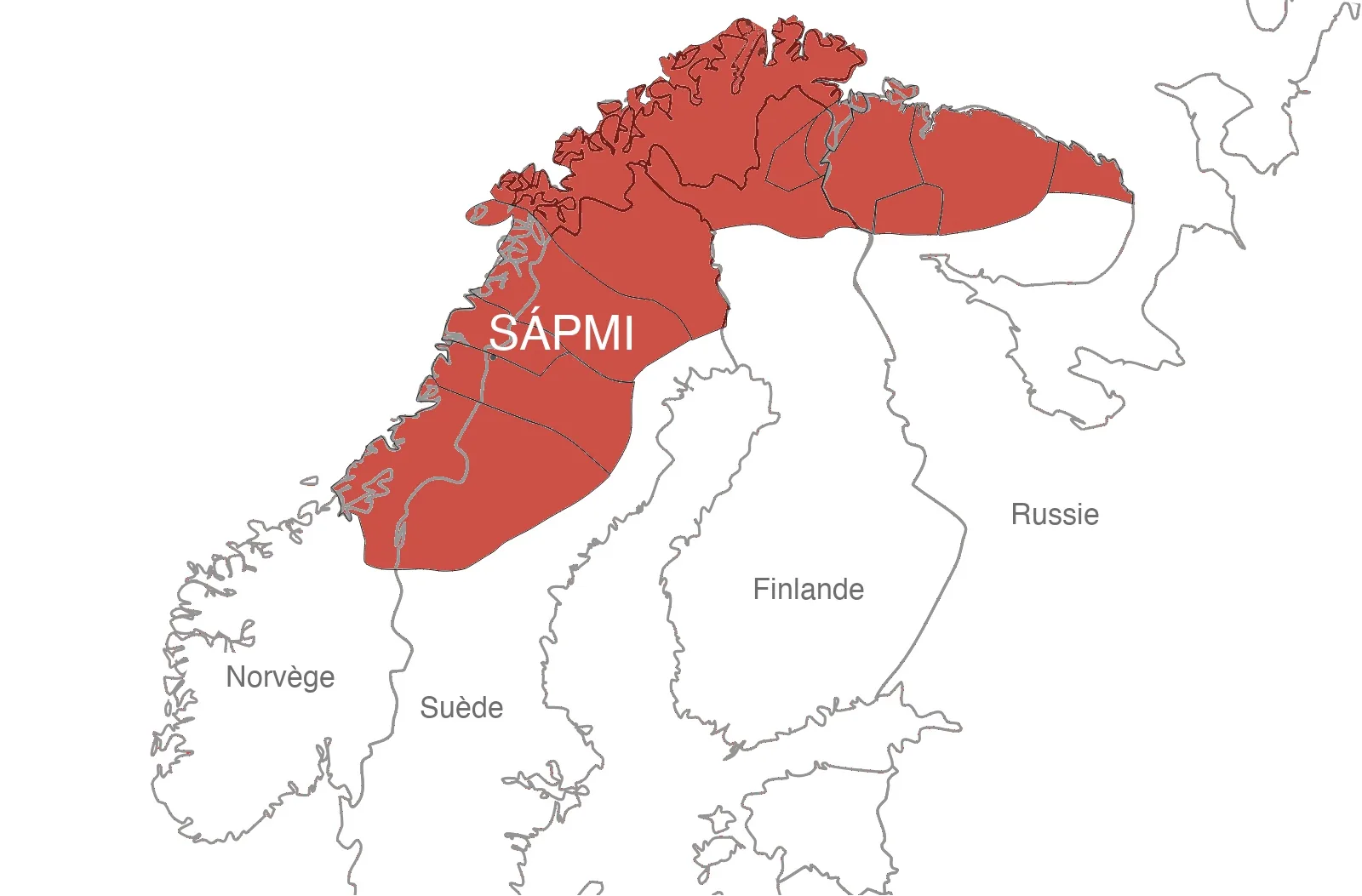 Carte du Sápmi, territoire des Samis, à cheval sur le nord de la Norvège, de la Suède, de la Finlande et de la Russie (péninsule de Kola)